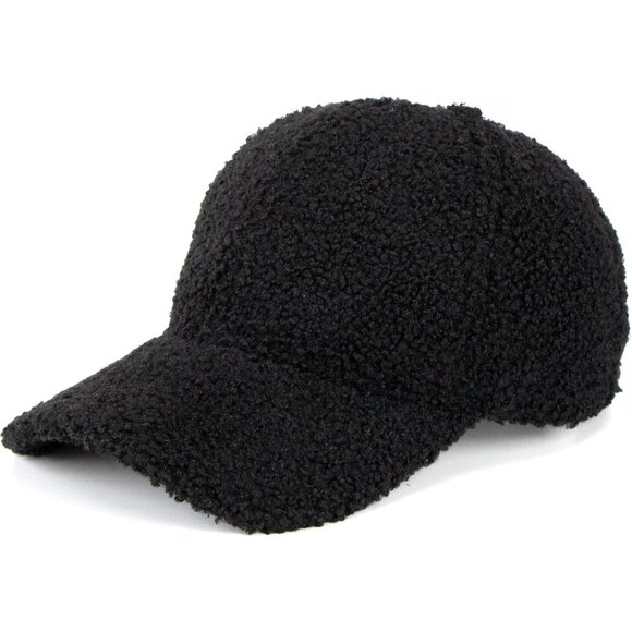 Men's Black Warm-Winter Fuzzy Fluffy Teddy Fleece Faux Lamb Wool Baseball Caps - Picture 1 of 9